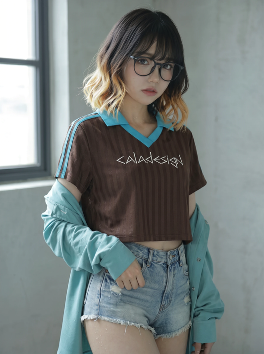 Contrast Collar Striped Cropped Jersey Coffee