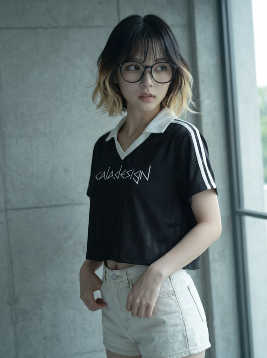 Contrast Collar Striped Cropped Jersey Black