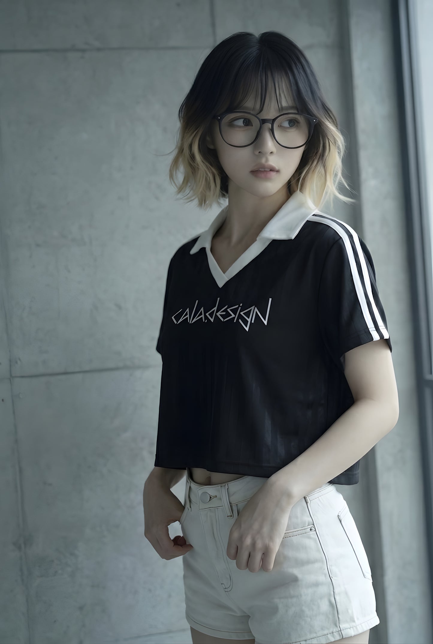 "六次の隔たり" Contrast Collar Striped Cropped Jersey Black