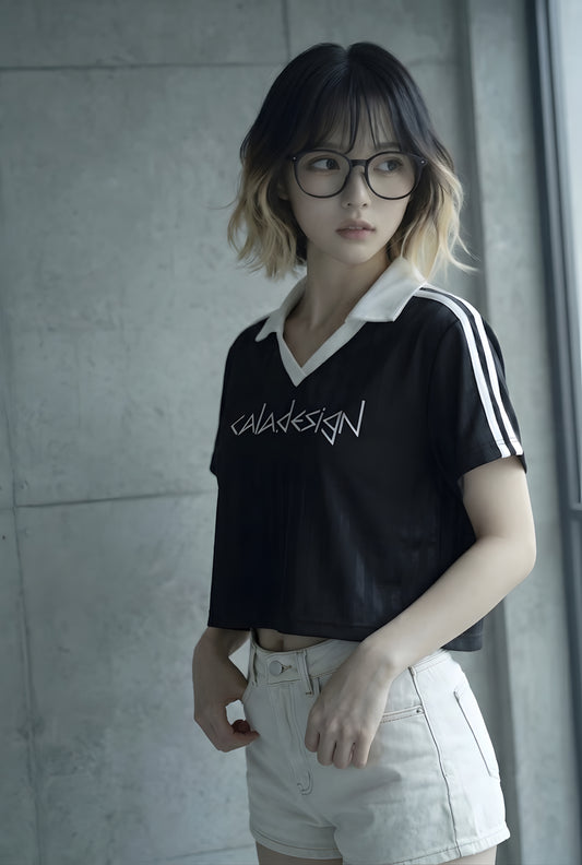 "六次の隔たり" Contrast Collar Striped Cropped Jersey Black