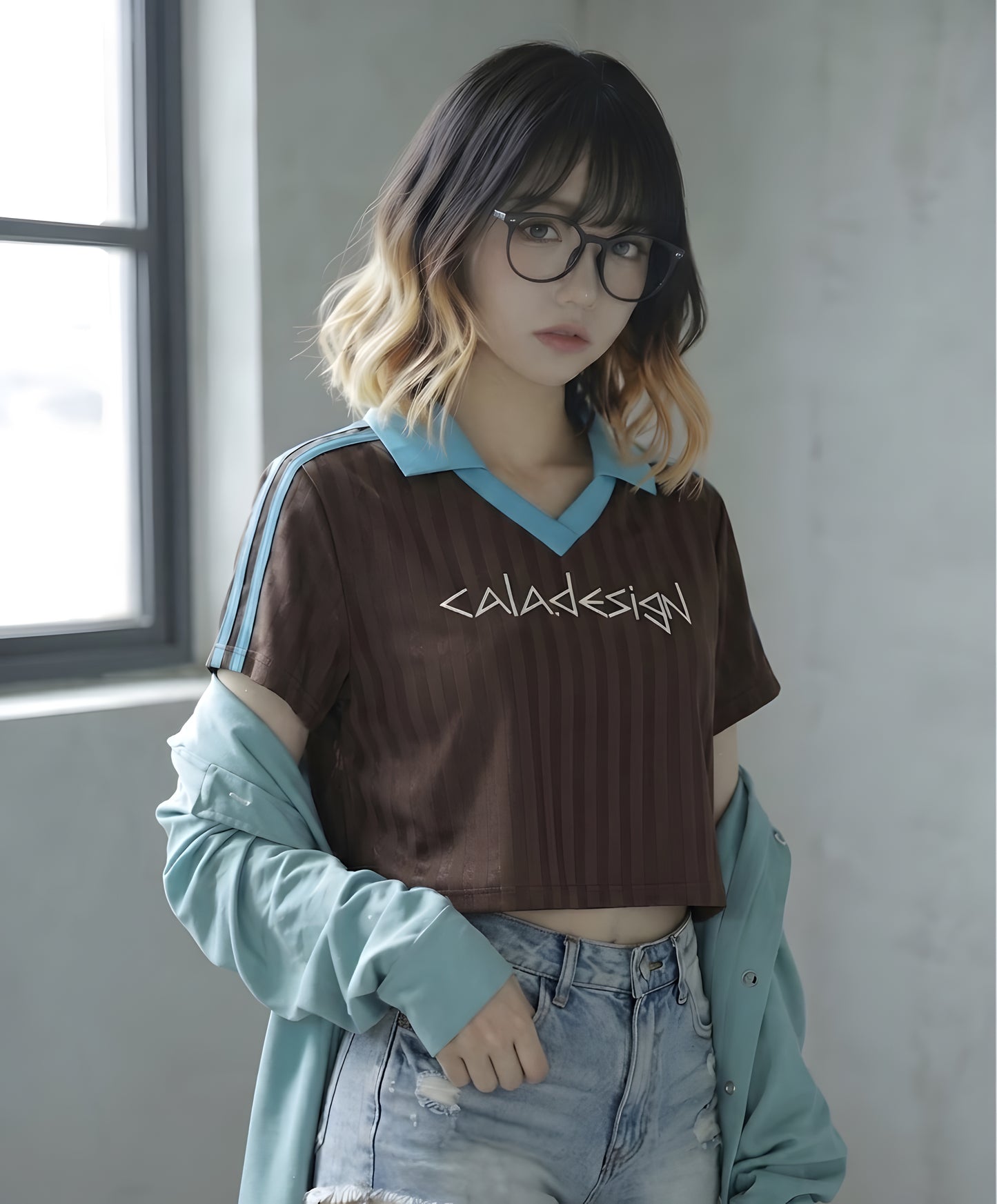 "六次の隔たり" Contrast Collar Striped Cropped Jersey Coffee