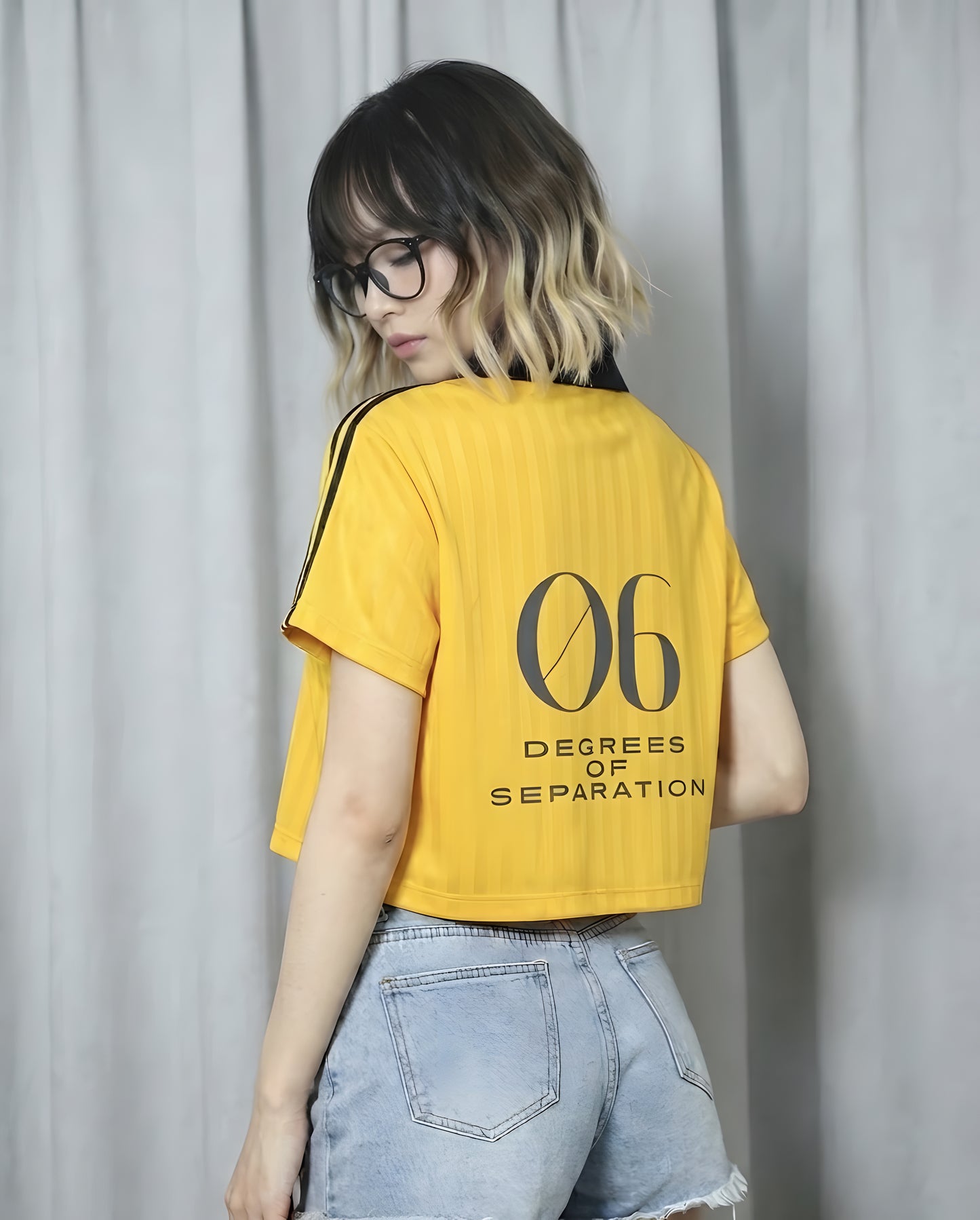 "六次の隔たり" Contrast Collar Striped Cropped Jersey Yellow